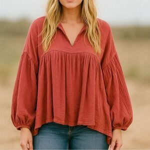 The Impeccable Pig Crinkle Cotton Babydoll Rust Bohemian Oversized Top M